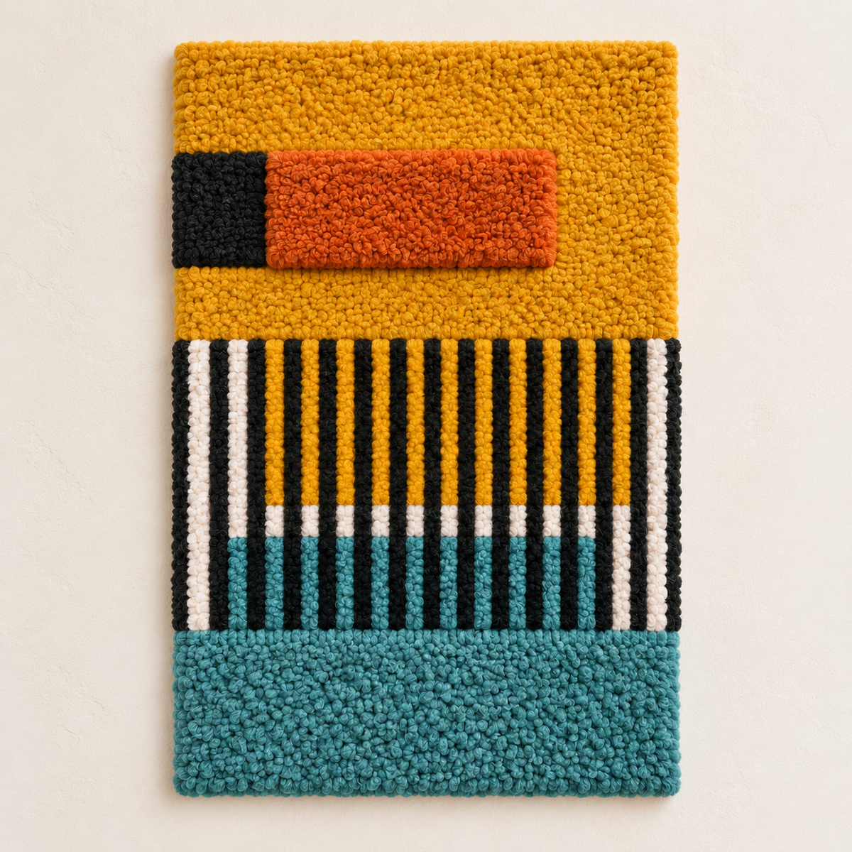 Hewn Earth Saffron Teal Barcode wall art featuring vibrant saffron and teal abstract design on a light background.