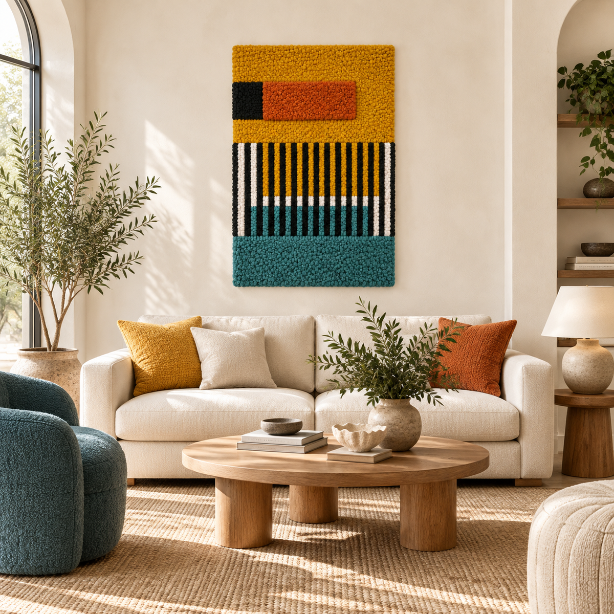 Hewn Earth saffron and teal barcode wall art displayed in a room, showcasing modern abstract design on canvas.