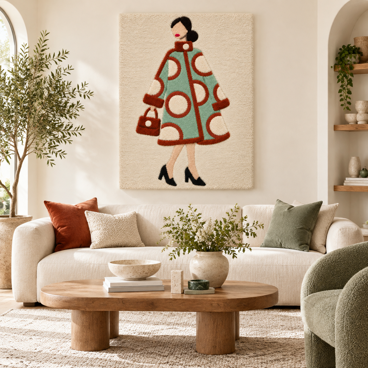 Hewn Earth Sage Circles City Stroll wall art featuring abstract sage green and neutral-toned circular designs in a modern room setting