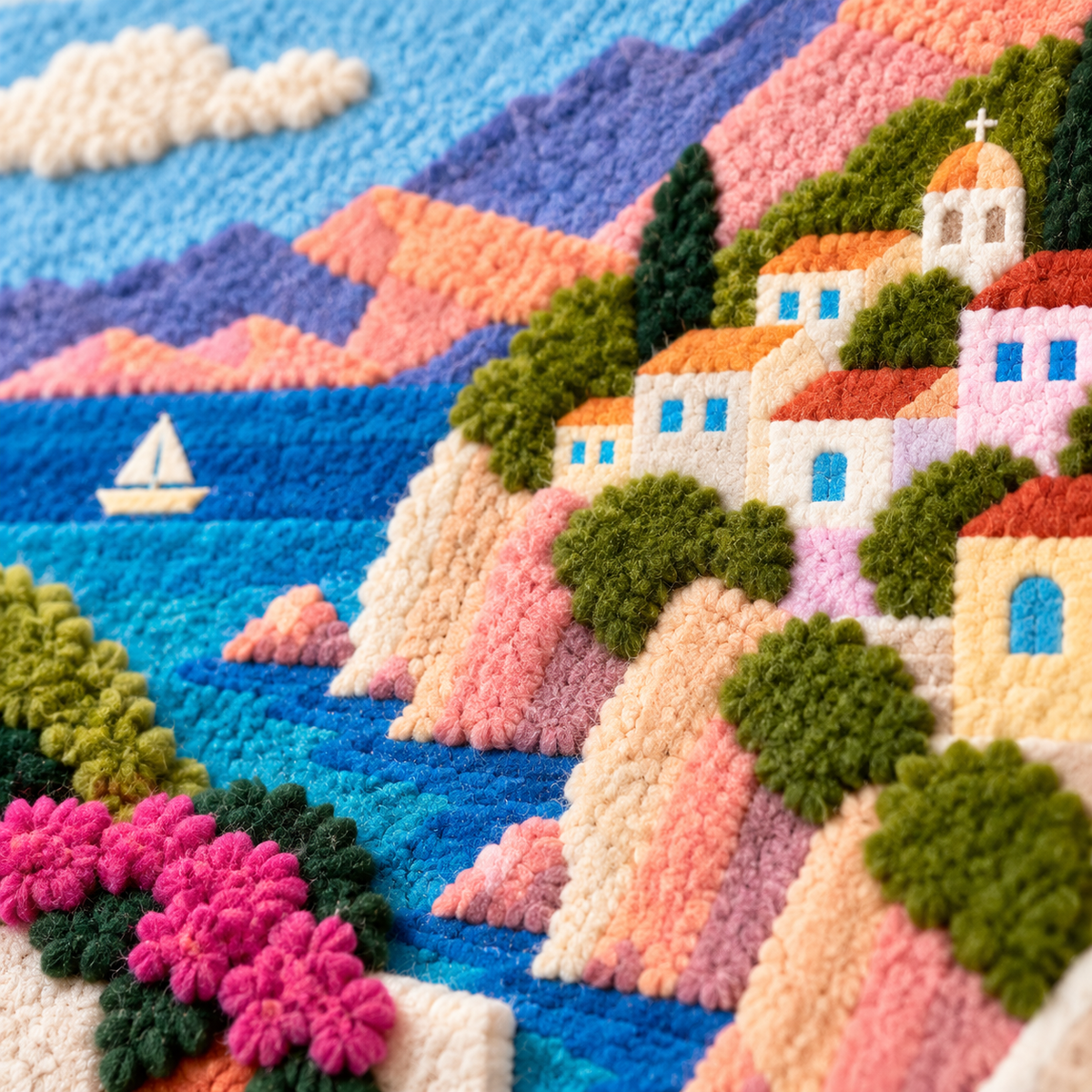 Sails Below the Pink Cliffs — tufted wool texture detail