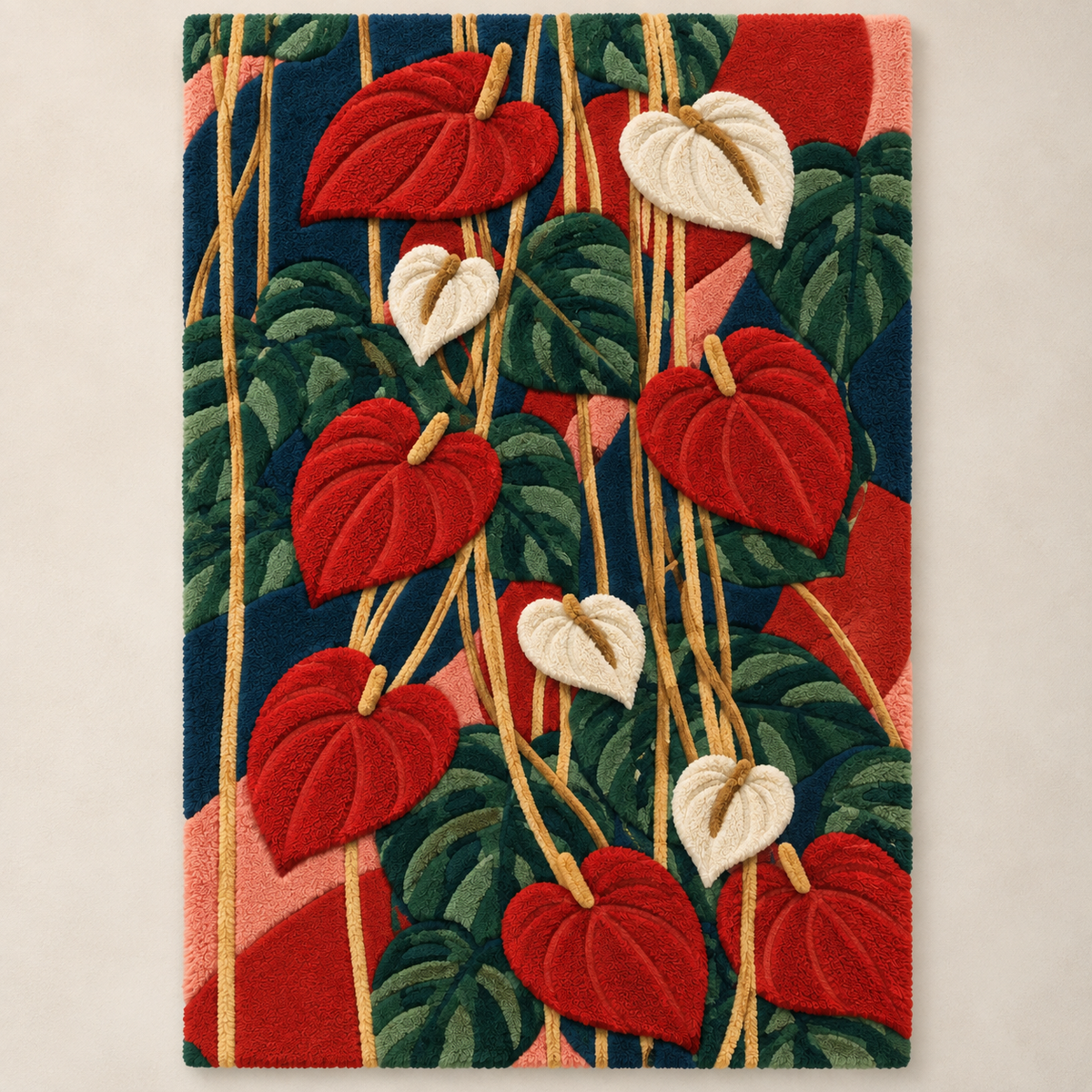 Hewn Earth Scarlet Anthurium Cascade wall art featuring vibrant red anthurium flowers arranged in a cascading design.
