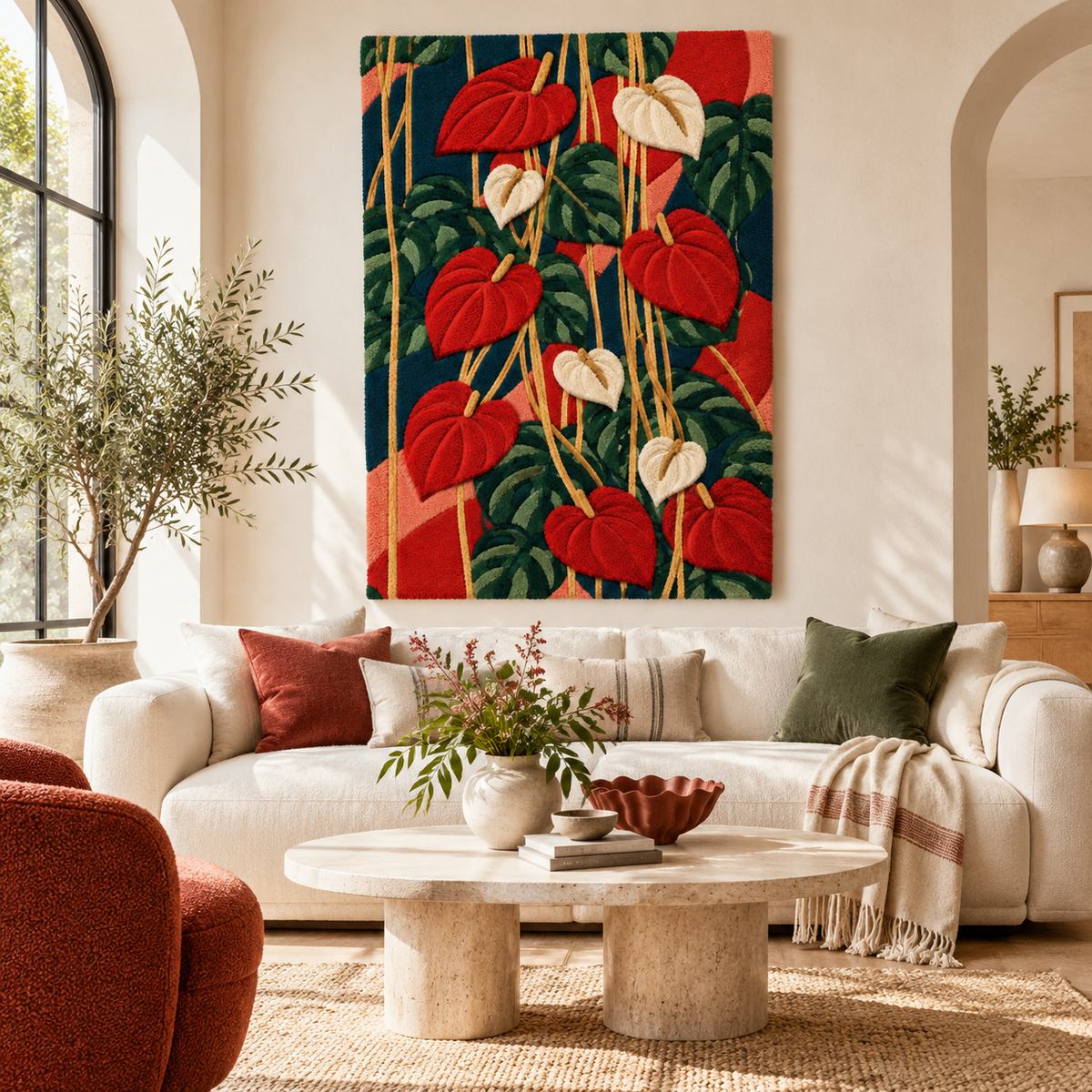 Hewn Earth Scarlet Anthurium Cascade wall art featuring vibrant red flowers and lush green leaves in a modern design.
