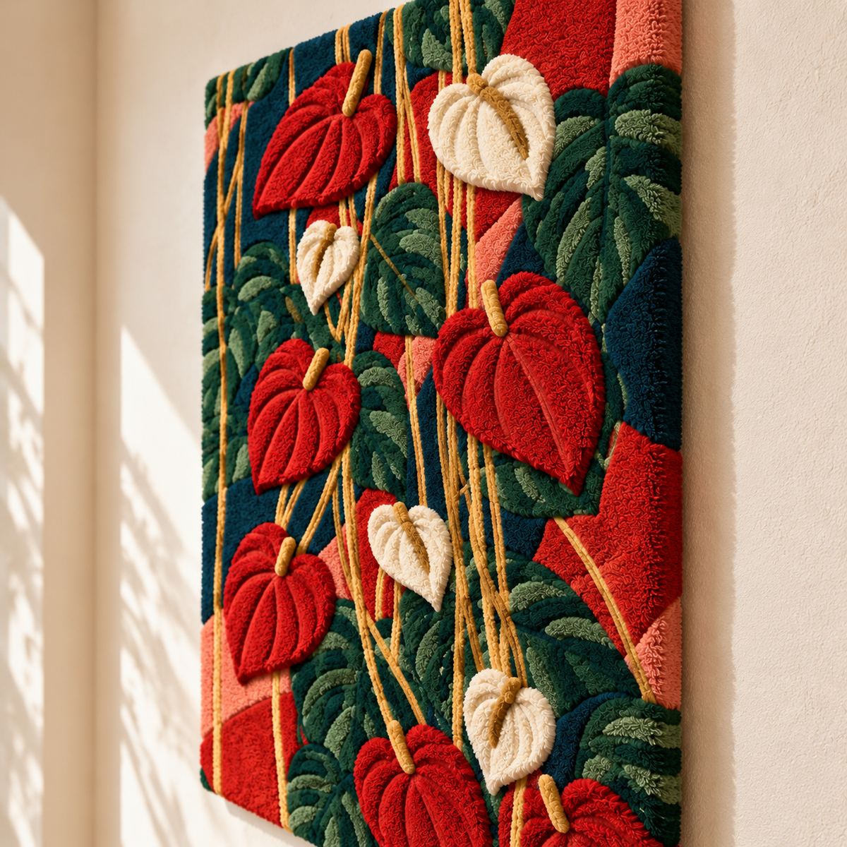 Hewn Earth Scarlet Anthurium Cascade wall art featuring vibrant red anthurium flowers arranged in a cascading design.