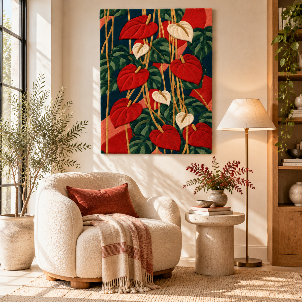 Hewn Earth Scarlet Anthurium Cascade wall art hanging on a wall, vibrant red anthurium flowers in a cascading design.
