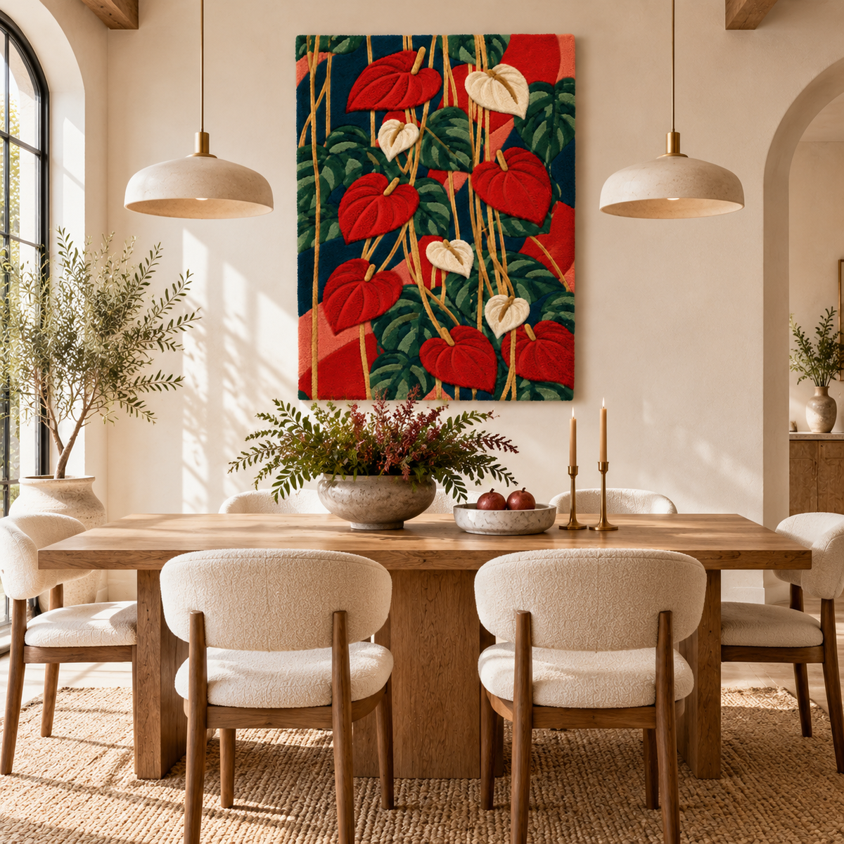 Hewn Earth Scarlet Anthurium Cascade wall art displayed in a room with vibrant red flowers and modern decor.