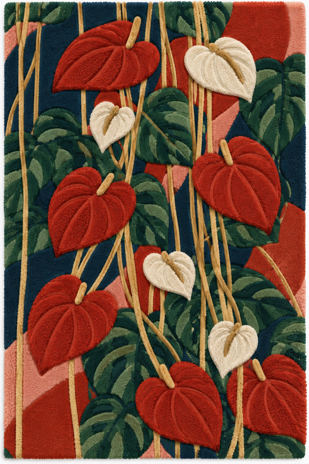 Hewn Earth Scarlet Anthurium Cascade wall art featuring vibrant red anthurium flowers and lush green foliage in a cascading arrangement.