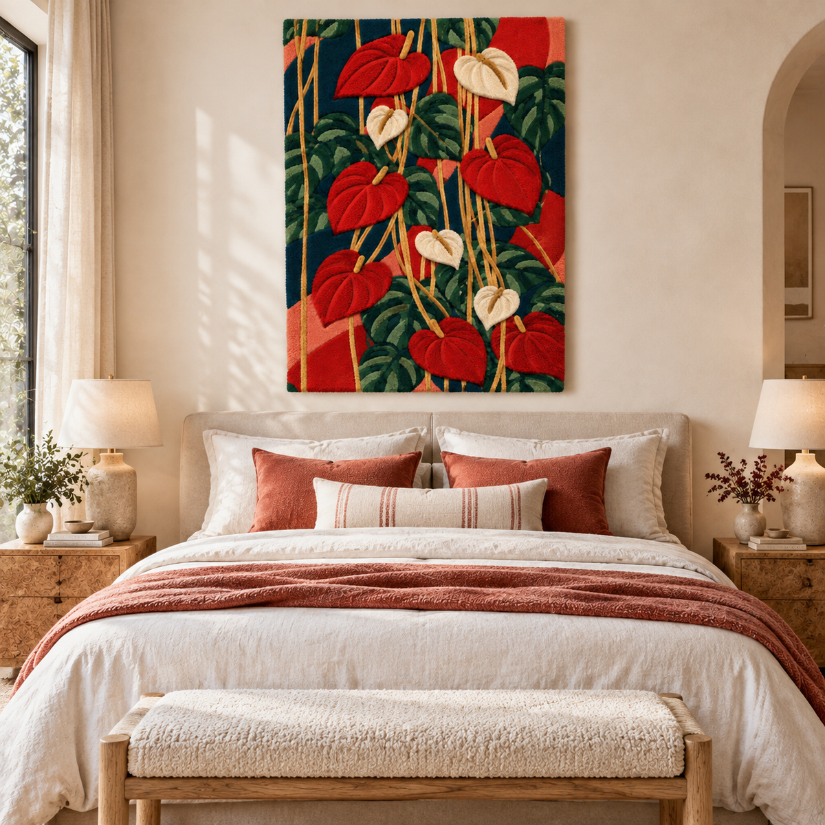 Hewn Earth Scarlet Anthurium Cascade wall art hanging on a wall in a modern room scene, vibrant red floral display.