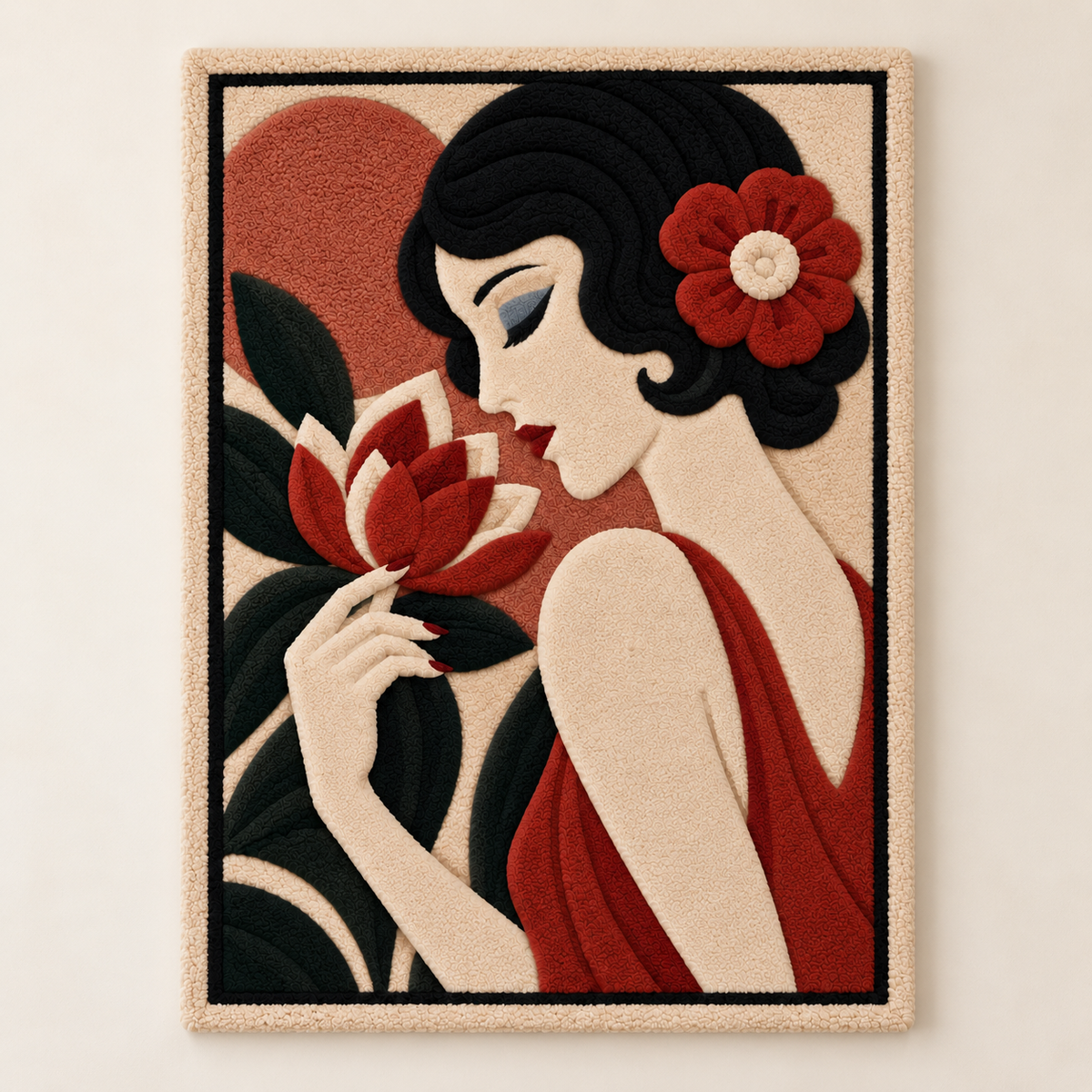 Hewn Earth Scarlet Blossom Reverie wall art featuring vibrant red floral design on a neutral background