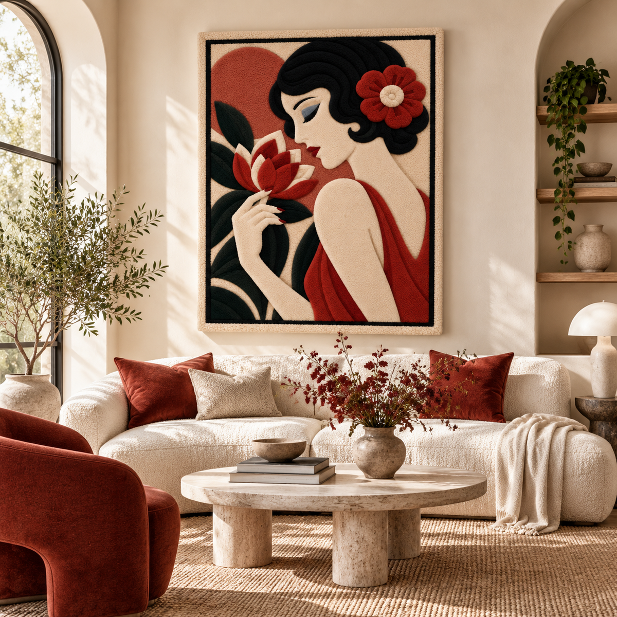 Hewn Earth Scarlet Blossom Reverie wall art featuring vibrant red floral design displayed on a room wall.