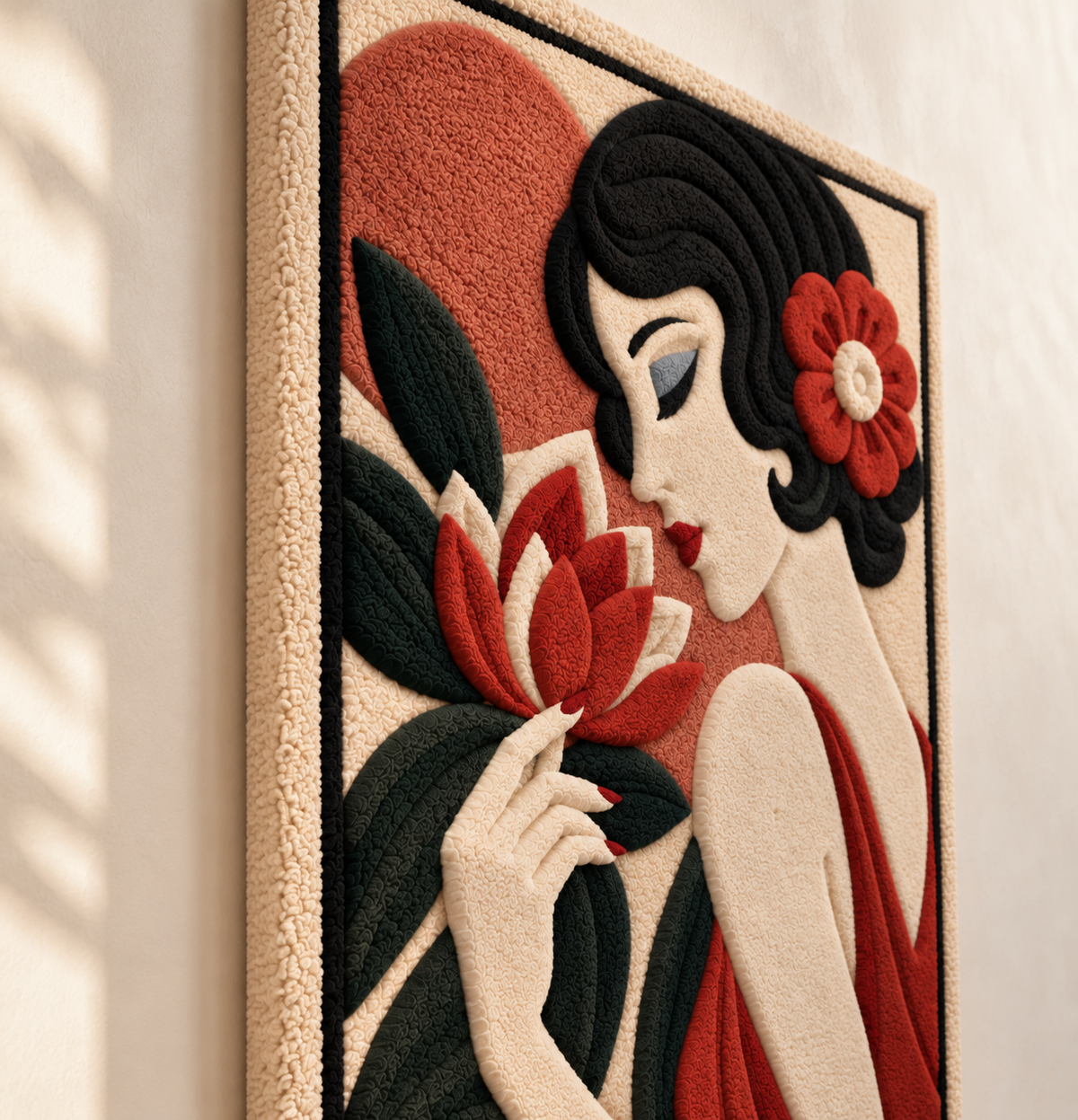 Hewn Earth Scarlet Blossom Reverie wall art featuring vibrant red floral design on a neutral background, angled view.