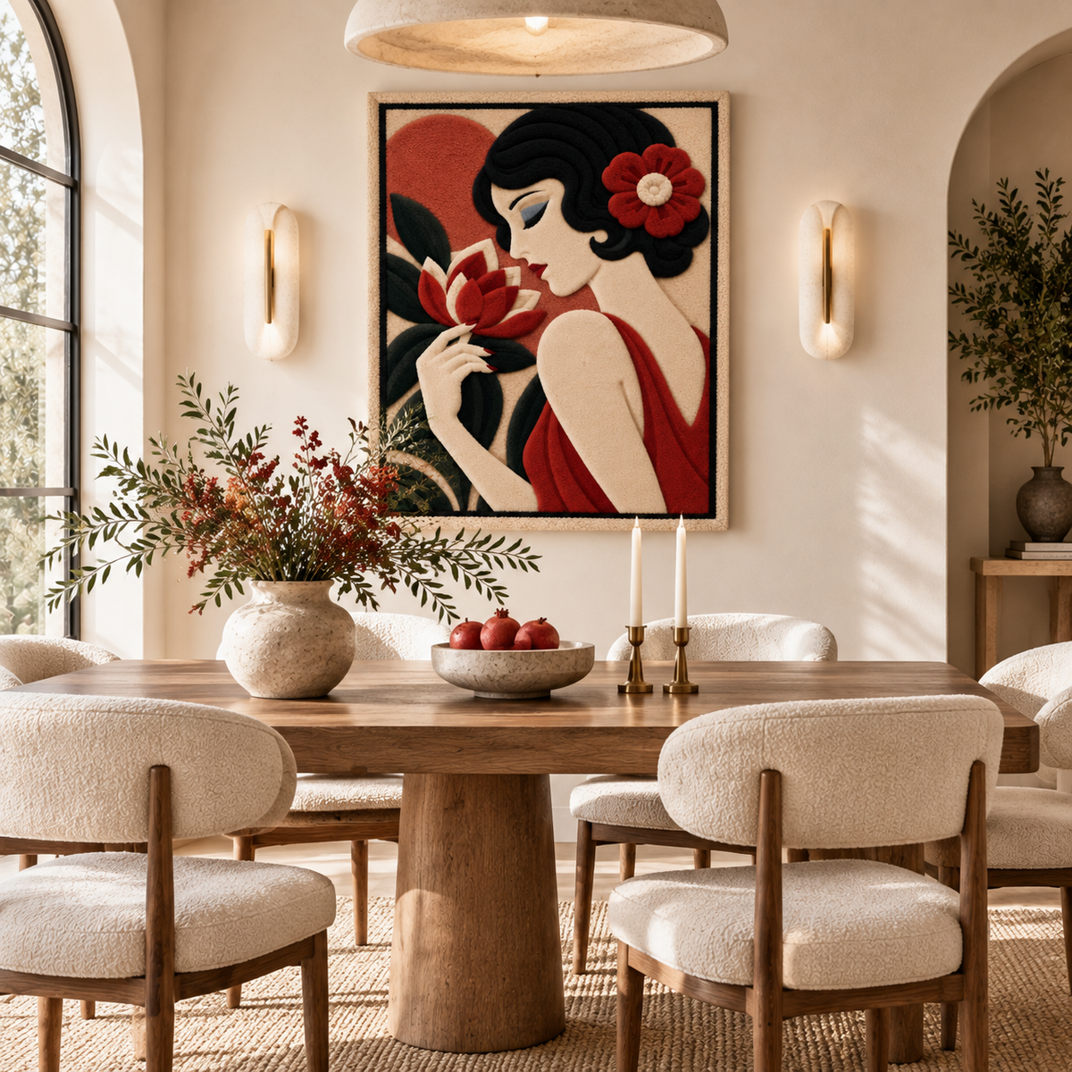 Hewn Earth Scarlet Blossom Reverie wall art featuring vibrant red floral design displayed in a modern room setting.