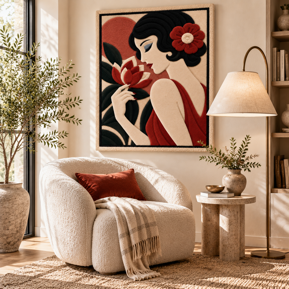 Hewn Earth Scarlet Blossom Reverie wall art featuring vibrant red floral design displayed in a modern room setting