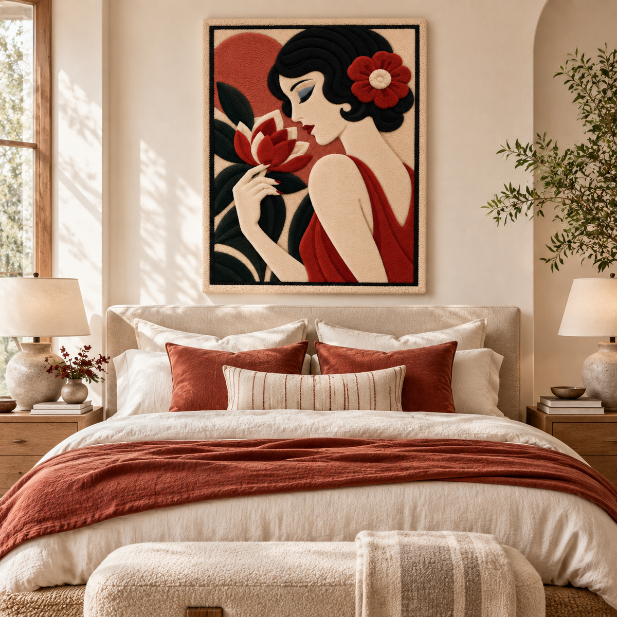 Hewn Earth Scarlet Blossom Reverie wall art displayed in a modern room scene with vibrant red floral design.