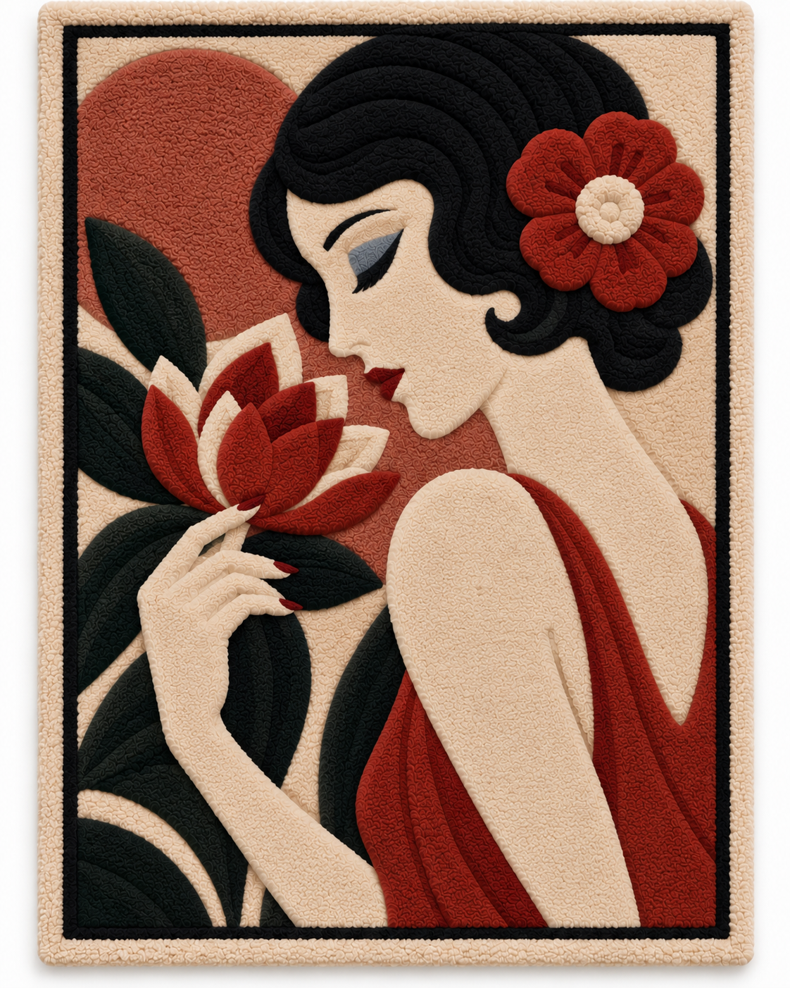 Hewn Earth Scarlet Blossom Reverie wall art featuring vibrant red floral design on a textured background.