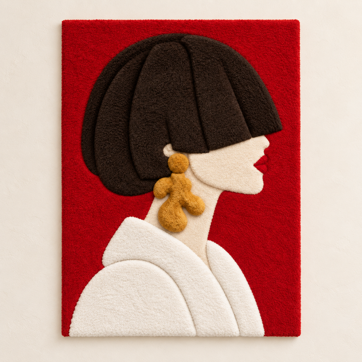 Hewn Earth Scarlet Bob Profile wall art featuring a bold, artistic silhouette of a person's side profile on a light background.