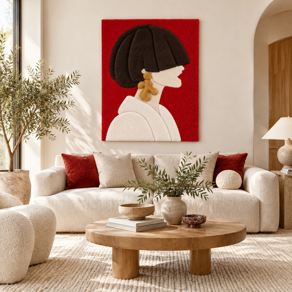 Hewn Earth Scarlet Bob Profile wall art featuring a bold red abstract face design on a neutral background.