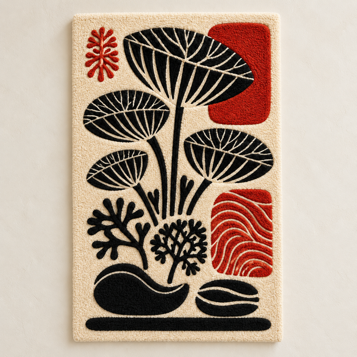 Hewn Earth Scarlet Botanical Vessels wall art featuring vibrant red and green botanical designs on a white background.