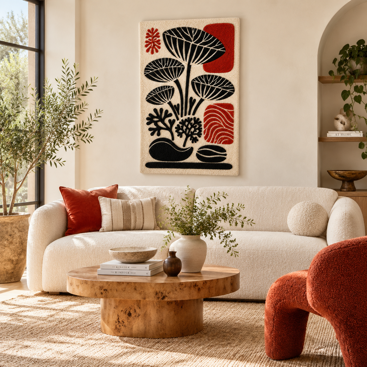 Hewn Earth Scarlet Botanical Vessels wall art featuring vibrant red ceramic vessels arranged on a neutral background.
