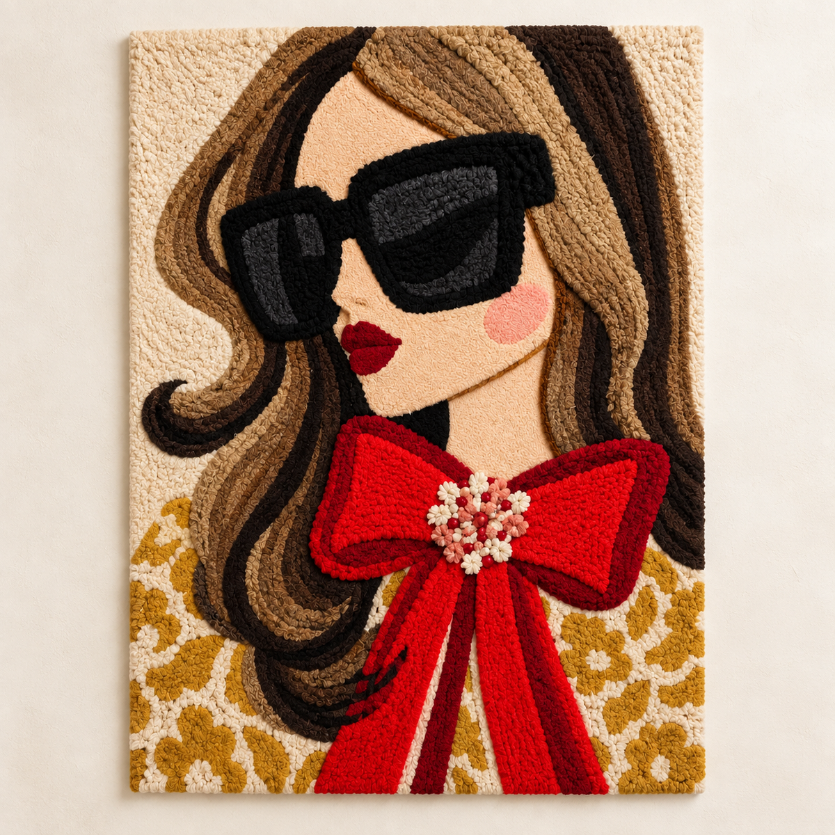Hewn Earth wall art featuring a scarlet bow and golden leopard design on a light background.