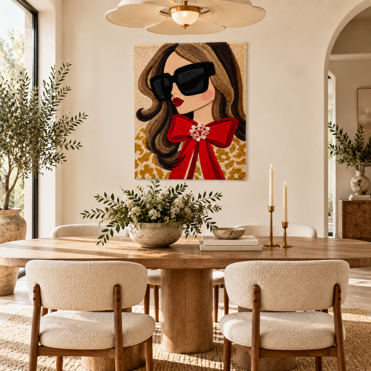 Hewn Earth wall art featuring a scarlet bow and golden leopard in a stylish room scene, vibrant and decorative wall decor.
