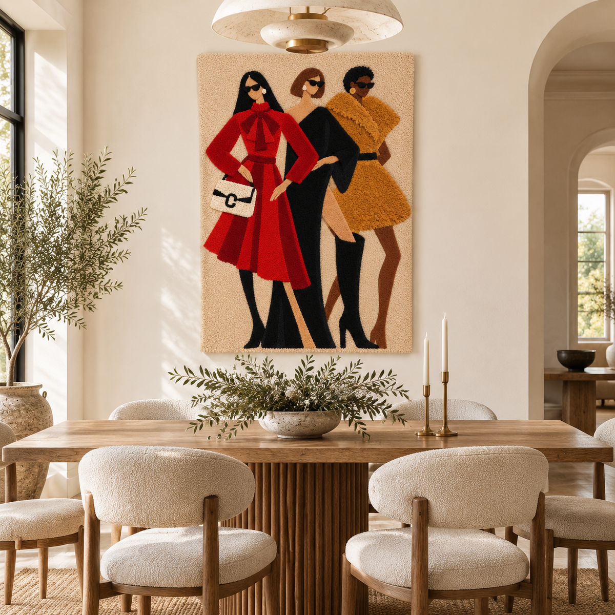 Hewn Earth Scarlet Coat Social Club wall art featuring vibrant red coat artwork in a modern interior room scene.