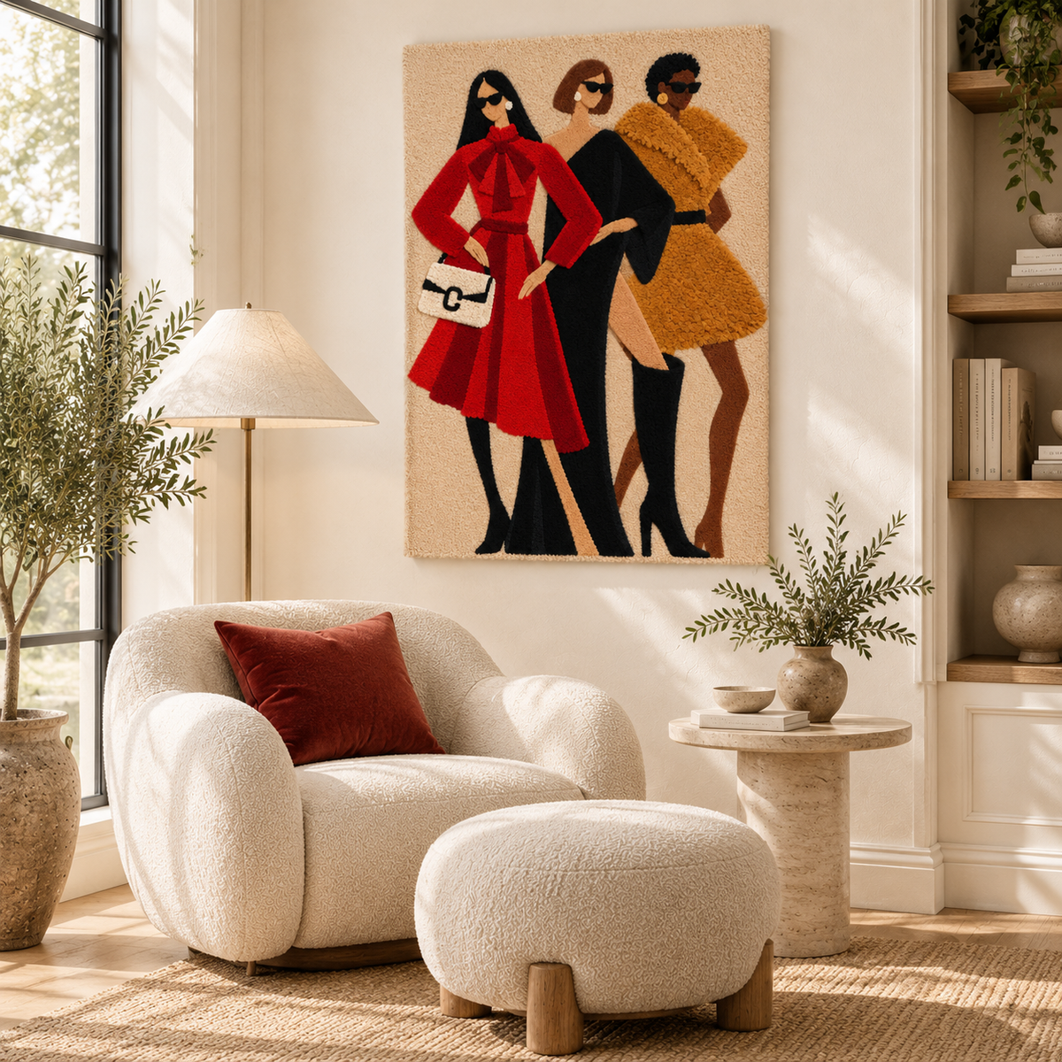 Hewn Earth Scarlet Coat Social Club wall art featuring a vibrant, artistic scene with bold colors and detailed design.