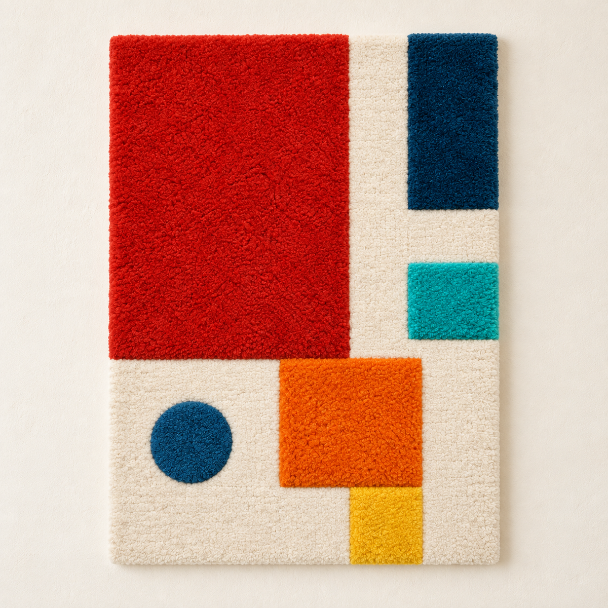 Hewn Earth Scarlet Colorblock Balance wall art featuring bold red and neutral geometric shapes on a white background.