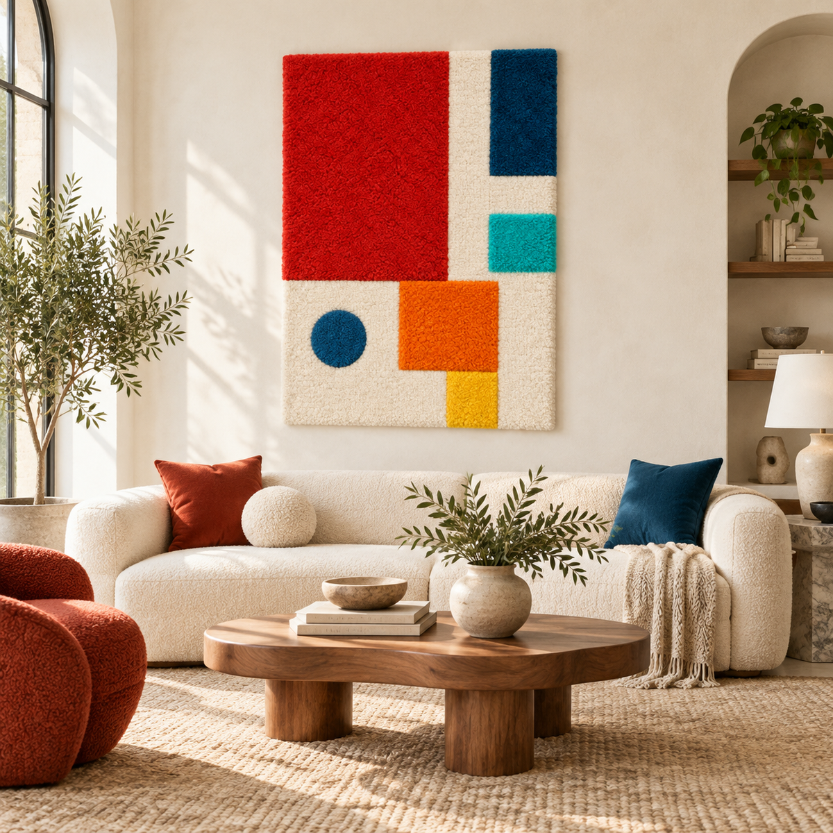 Hewn Earth wall art featuring a scarlet colorblock design with balanced geometric shapes, set against a neutral room background.