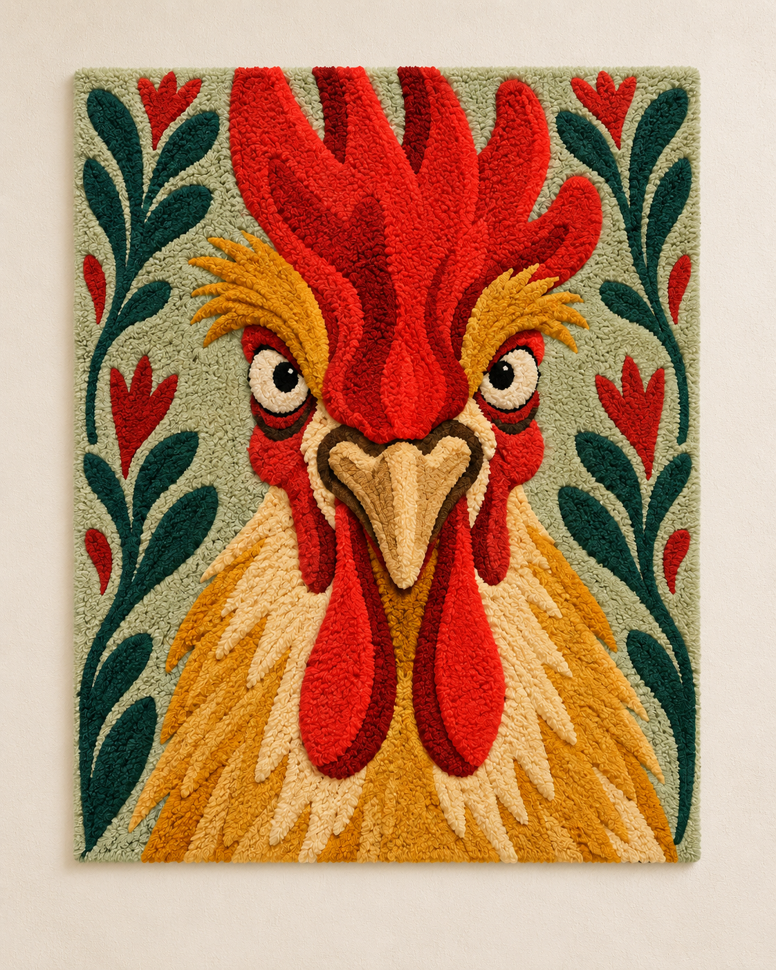 Hewn Earth Scarlet Crown Rooster wall art featuring a vibrant red rooster illustration on a light background.