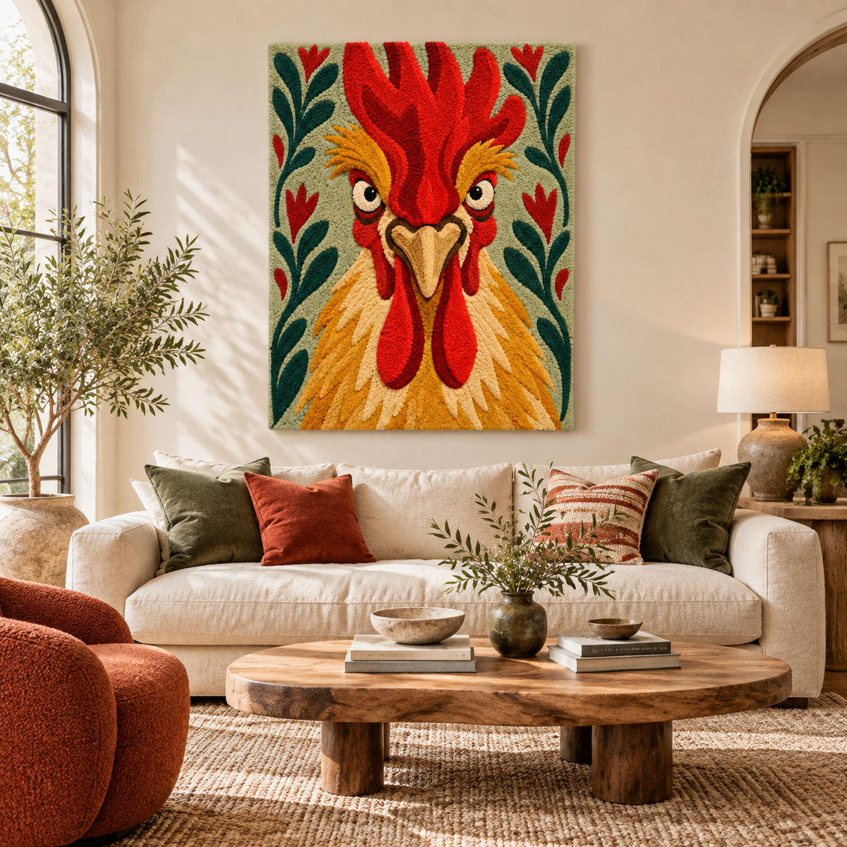 Hewn Earth wall art featuring a vibrant scarlet rooster with a crown, displayed on a room wall.
