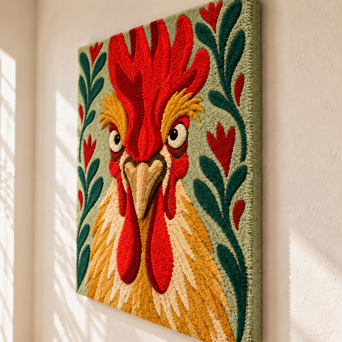 Hewn Earth Scarlet Crown Rooster wall art depicting a vibrant red rooster with a regal crown, displayed from an angled side view.