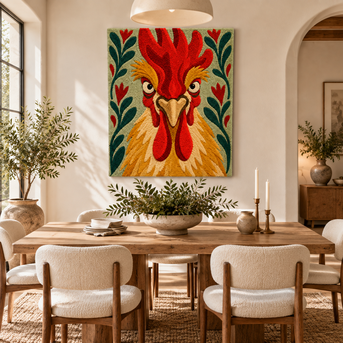 Hewn Earth Scarlet Crown Rooster wall art displayed in a room scene, featuring vibrant red rooster illustration on a neutral wall.