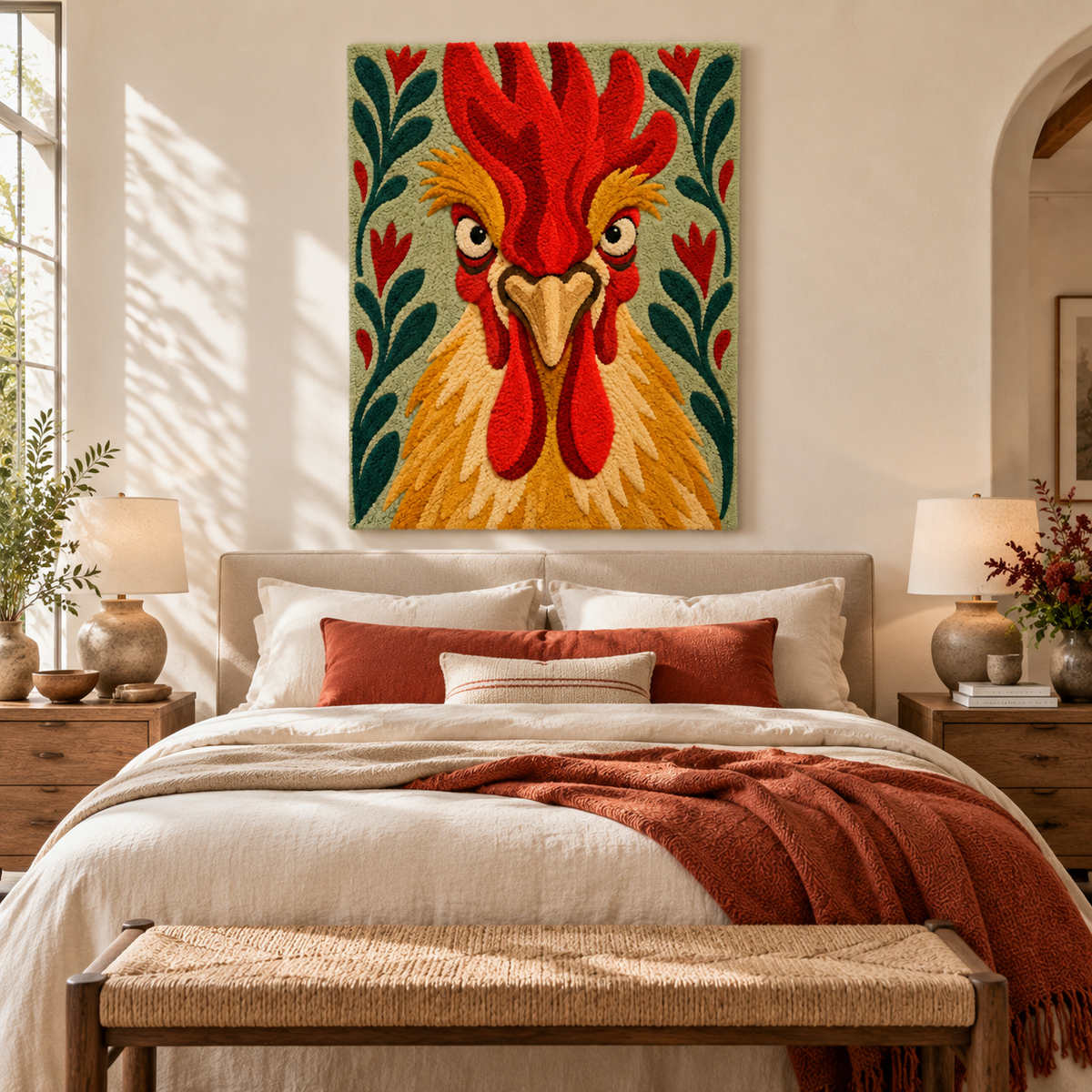 Hewn Earth Scarlet Crown Rooster wall art displayed in a room scene, showcasing vibrant red and detailed rooster design.