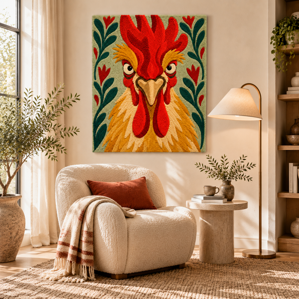 Wall art featuring a Scarlet Crown Rooster by Hewn Earth, displayed on a room wall with warm decor elements.