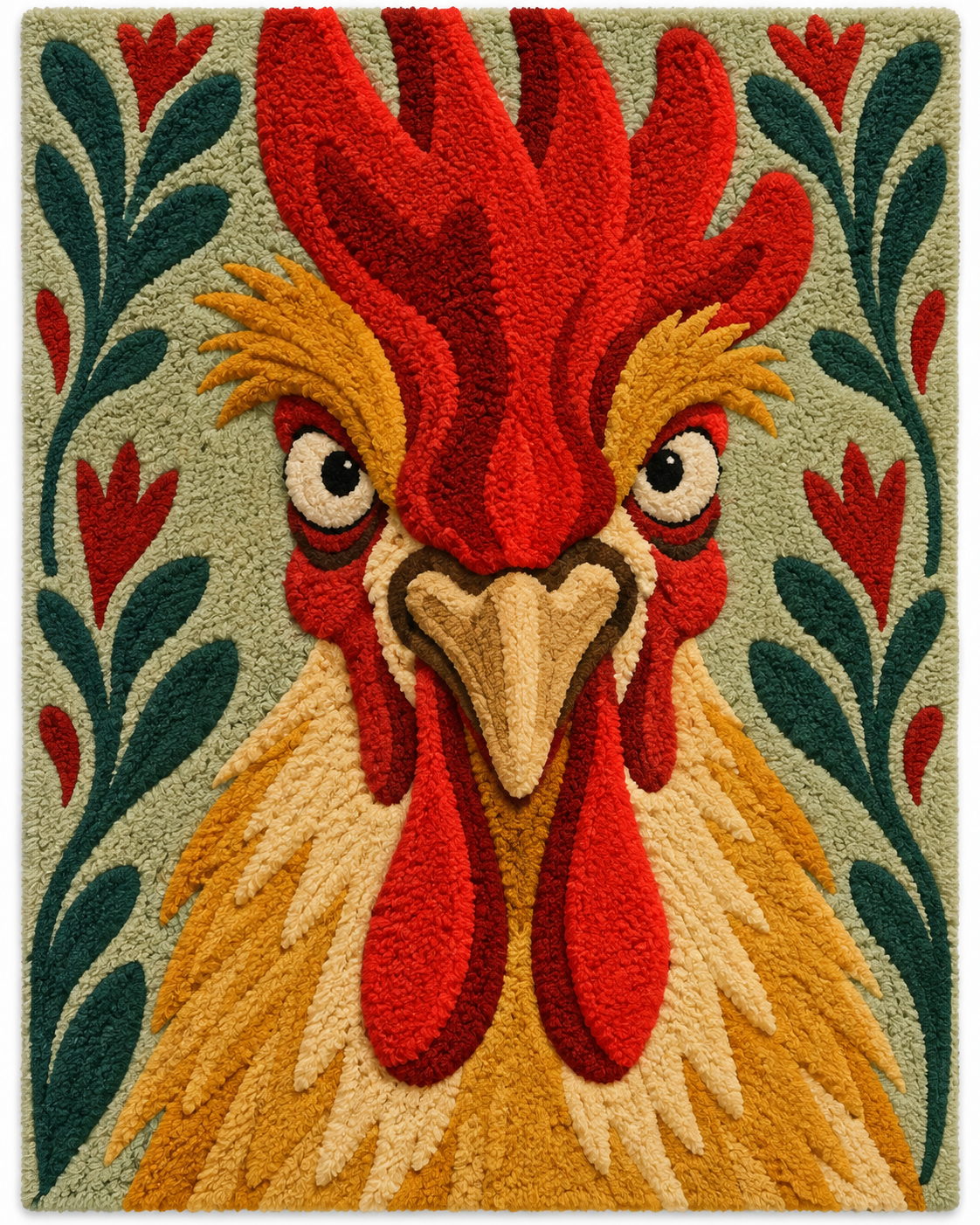 Hewn Earth wall art featuring a vibrant scarlet crown rooster illustration on a neutral background.