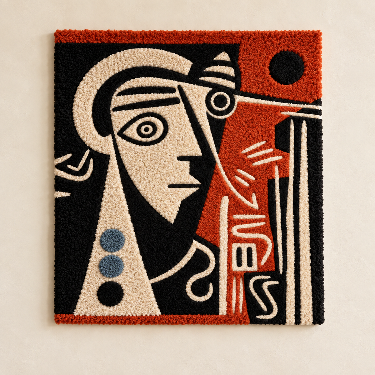 Hewn Earth Scarlet Cubist Gaze wall art featuring vibrant red geometric abstract design on a light background.