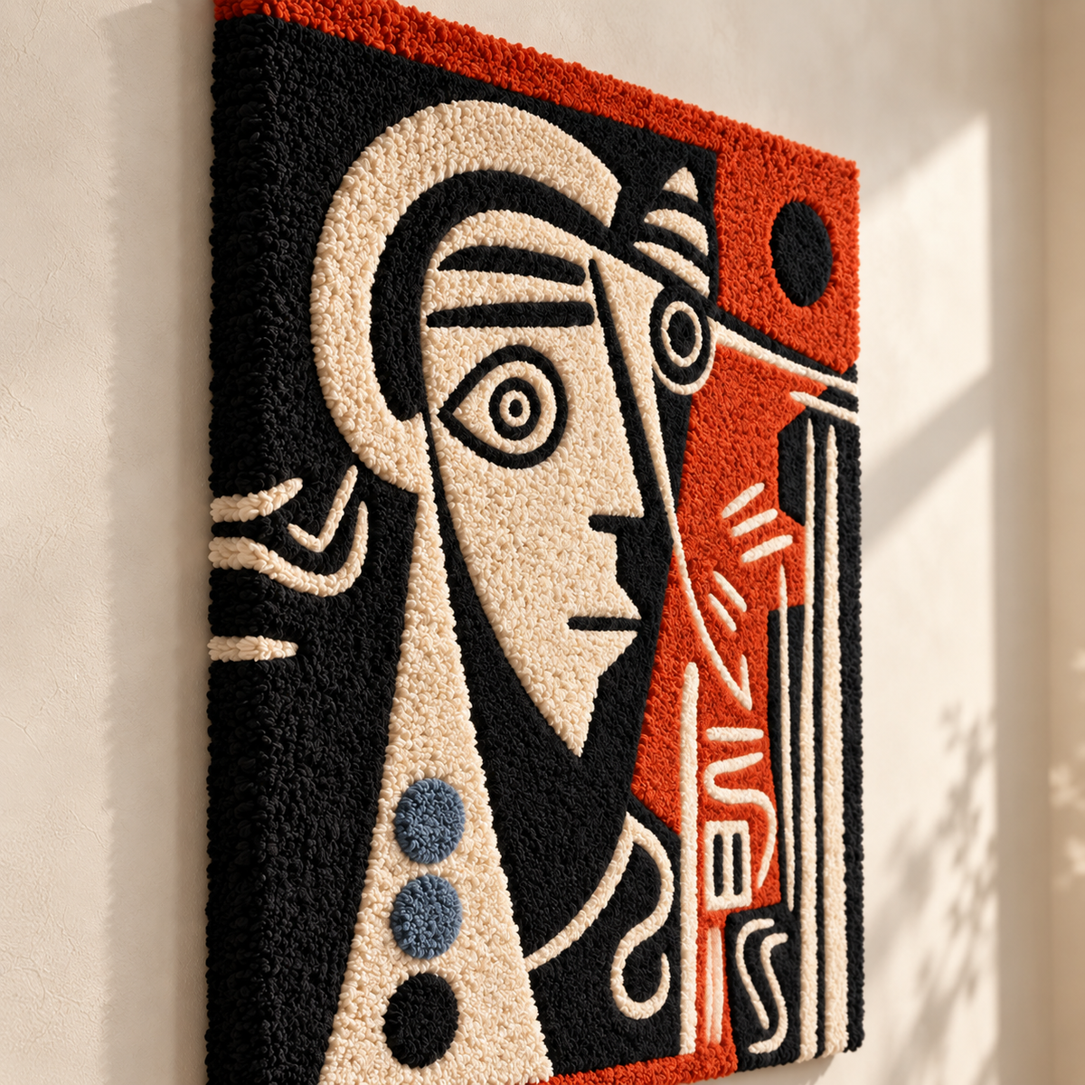 Hewn Earth Scarlet Cubist Gaze wall art featuring bold red geometric shapes and abstract design on a canvas.