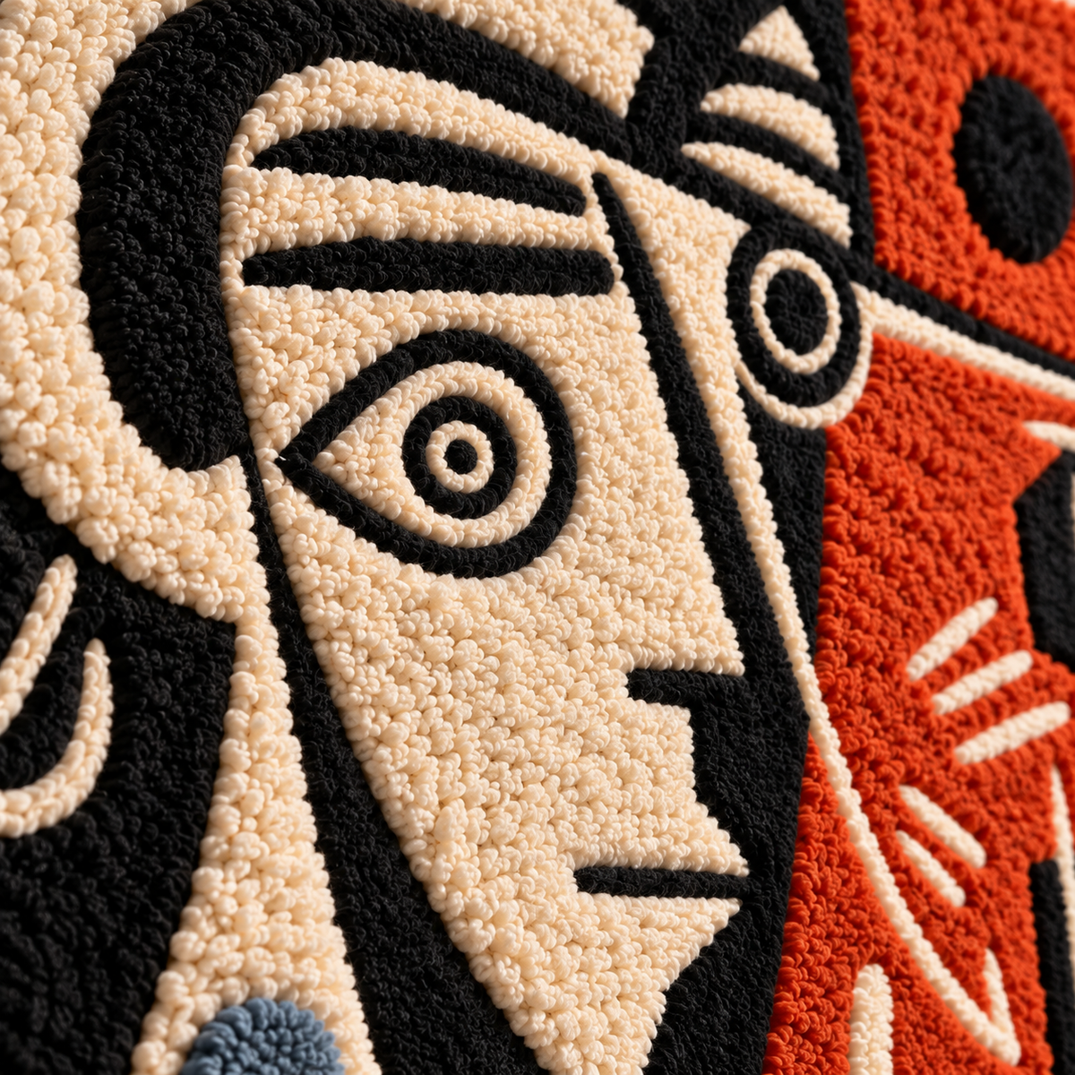 Close-up of Hewn Earth Scarlet Cubist Gaze wall art featuring bold red and geometric shapes in a modern cubist style.