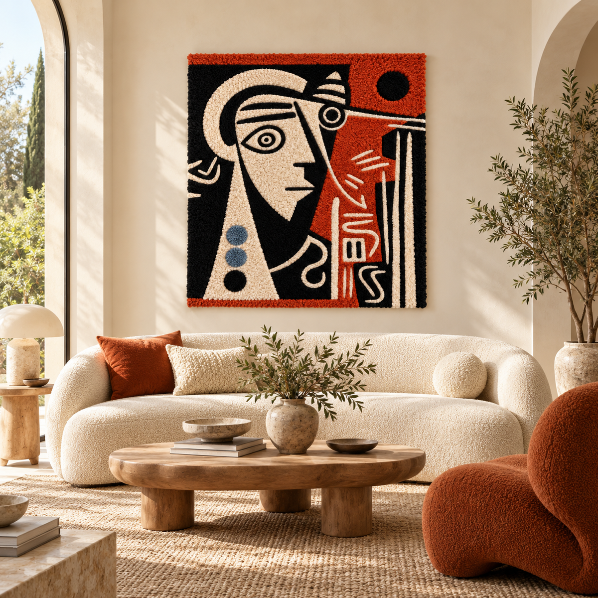 Hewn Earth Scarlet Cubist Gaze wall art featuring abstract geometric shapes in vibrant red tones displayed on a modern room wall.