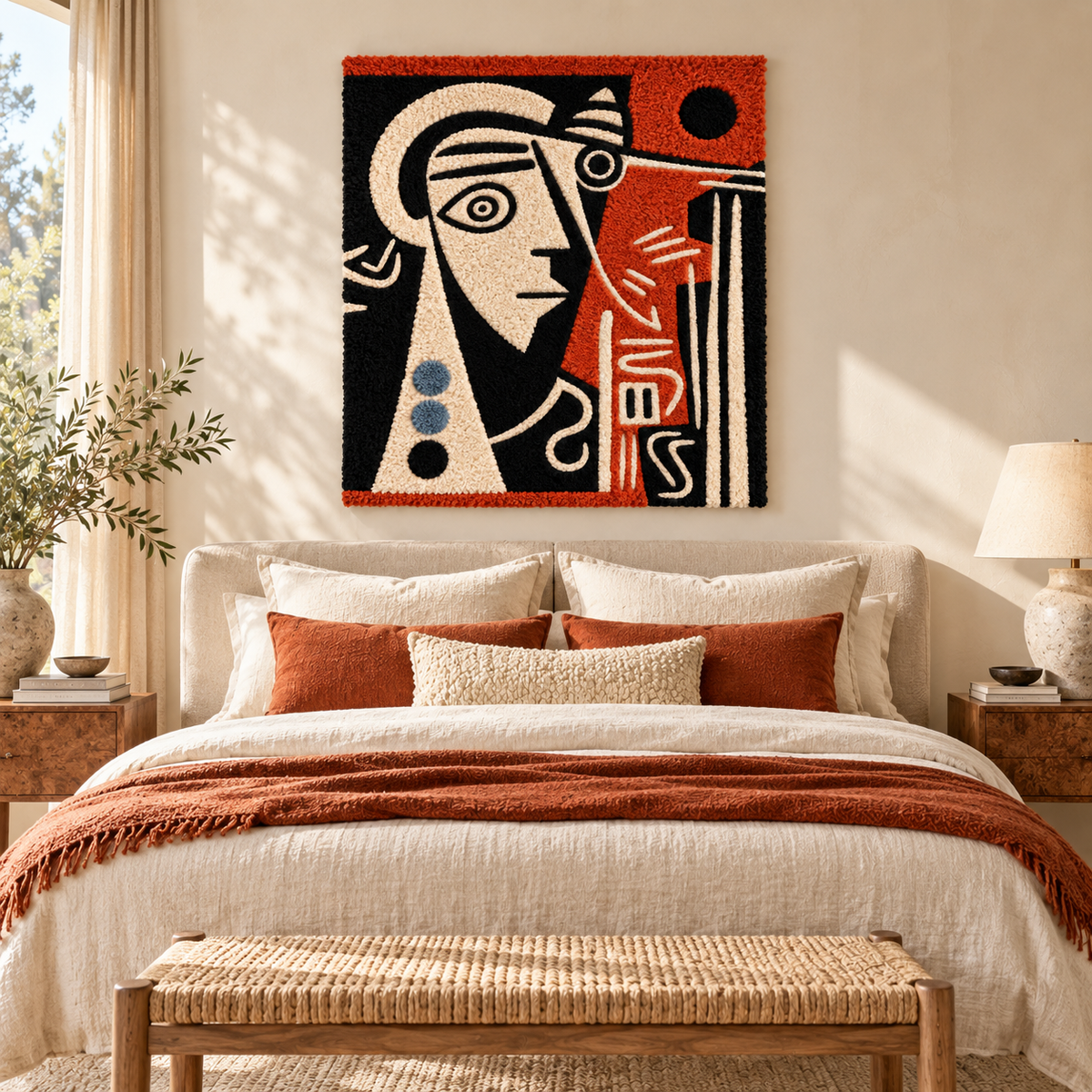 Hewn Earth Scarlet Cubist Gaze wall art featuring bold red and geometric shapes, displayed in a modern room setting.
