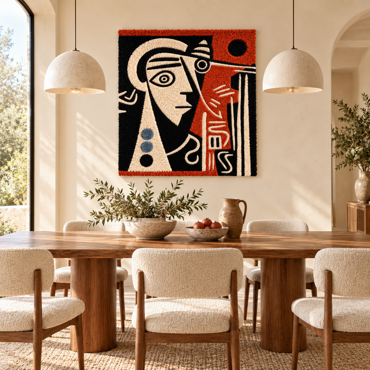 Hewn Earth Scarlet Cubist Gaze wall art featuring a vibrant, abstract cubist design in red tones, displayed on a room wall.