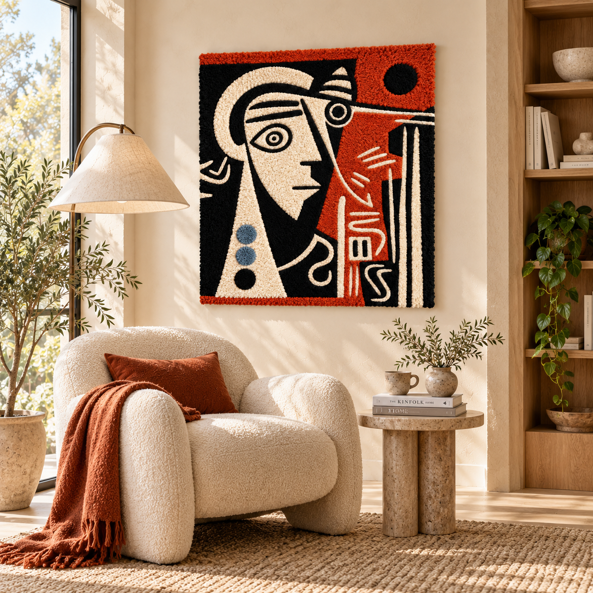 Hewn Earth Scarlet Cubist Gaze wall art featuring abstract geometric shapes and vibrant red tones for modern home decor.