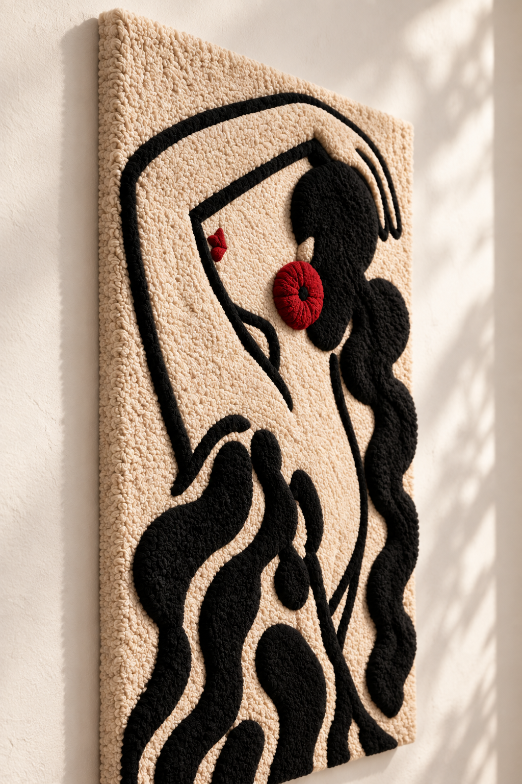 Hewn Earth Scarlet Earring Silhouette wall art featuring a bold red earring design on a neutral background.