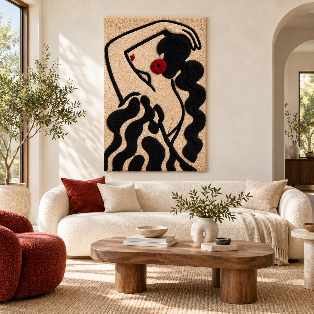 Hewn Earth wall art featuring a scarlet earring silhouette, displayed on a room wall with neutral decor and natural lighting.