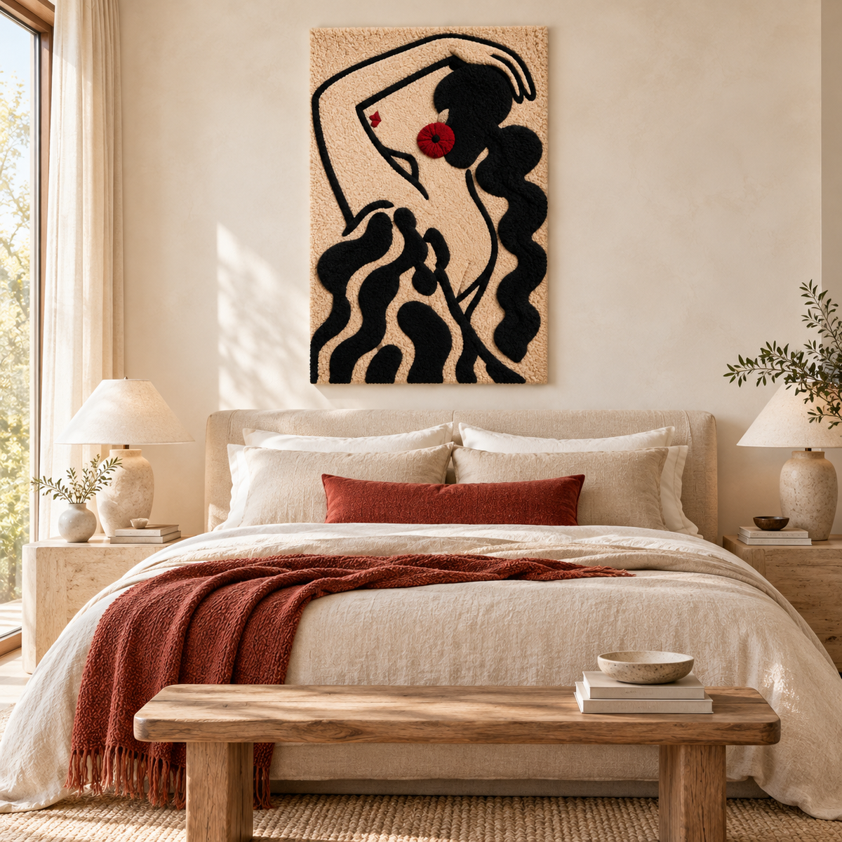 Hewn Earth wall art featuring a scarlet earring silhouette, hanging on a room wall with neutral decor and natural lighting.