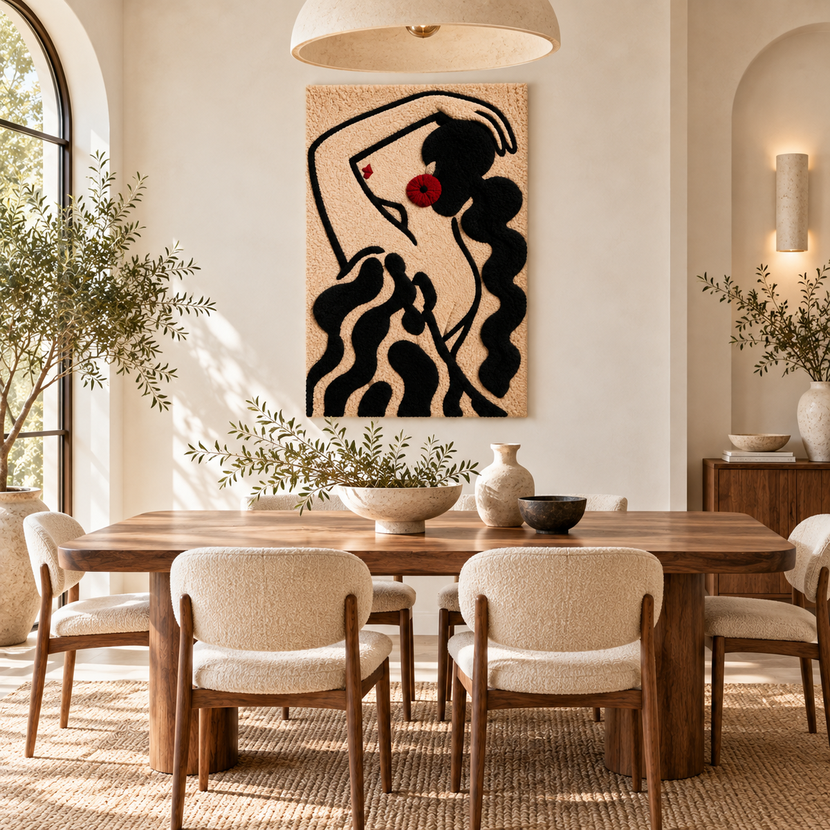 Hewn Earth Scarlet Earring Silhouette wall art featuring a vibrant red earring shape on a neutral background.