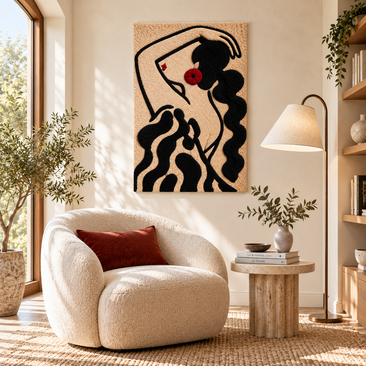Wall art featuring a scarlet earring silhouette by Hewn Earth, showcasing a striking red earring design on a neutral background.