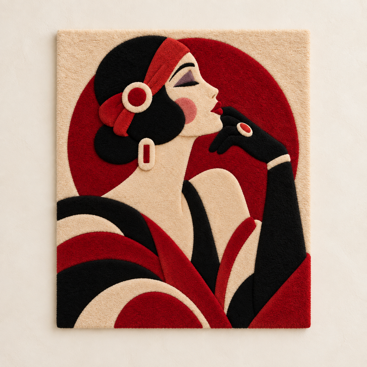 Hewn Earth Scarlet Evening Profile wall art, featuring a striking abstract design with rich red and dark accents on a white background.