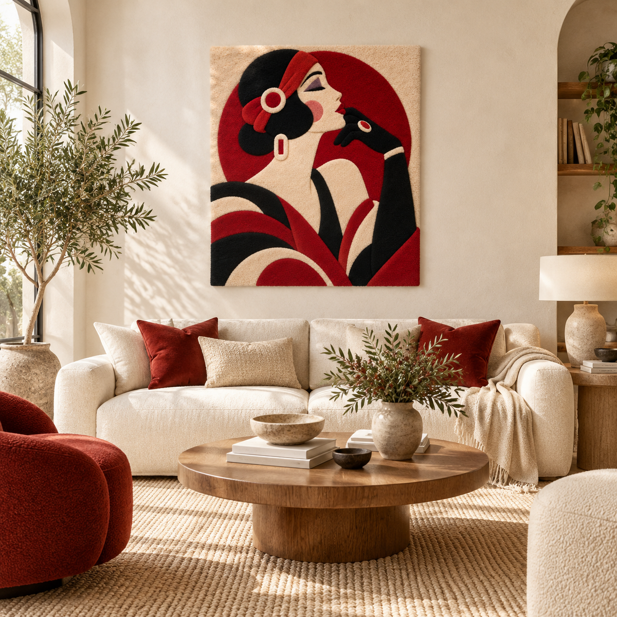 Hewn Earth Scarlet Evening Profile wall art displayed in a room scene, featuring a vibrant red abstract profile artwork.