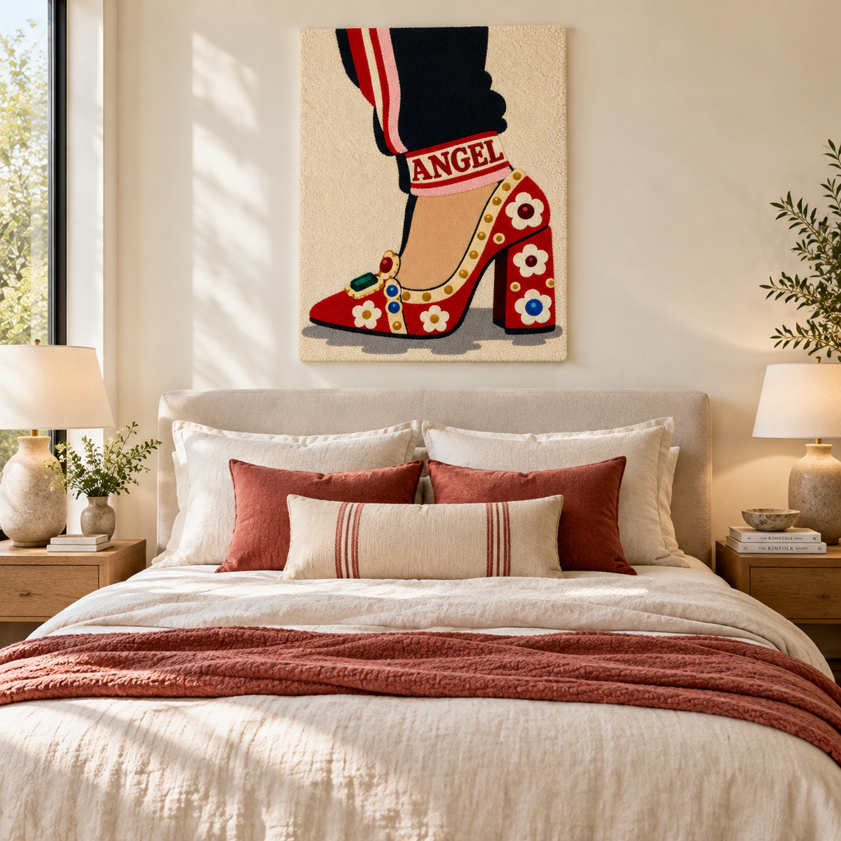 Hewn Earth Scarlet Floral Heel wall art featuring a vibrant red floral heel design in a modern room scene.